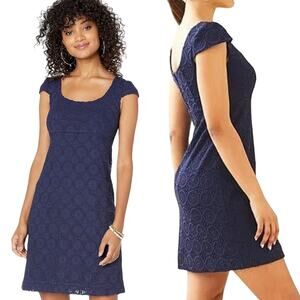 Lilly Pulitzer Laurent Shift Dress Zanzibar Lace Cap Sleeve Scoopneck Navy Blue